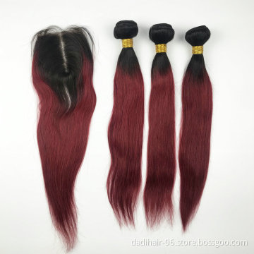 Ombre color hair weave virgin hair lace closure frontal red human hair weave